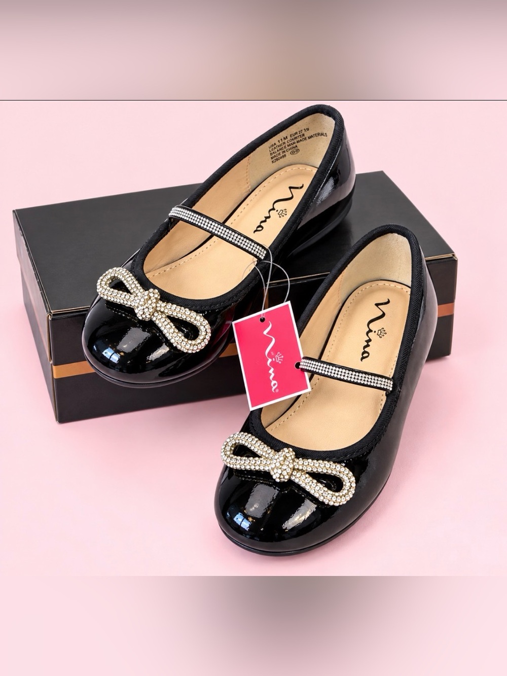 Nina Girls Black Patent Rhinestone Bow Mary Jane Flats Size 11M